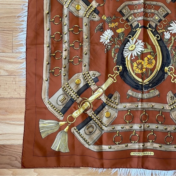 Hermès Vintage Brown Square Aux Champs Equestrian Floral Print Silk Scarf 90cm - Picture 4 of 12